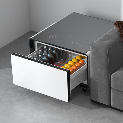 Modern Smart Side Table With Built-In Fridge, Wireless Charging, Temperature Control, Power Socket, USB Ports, Outlet Protection, Induction Light - White