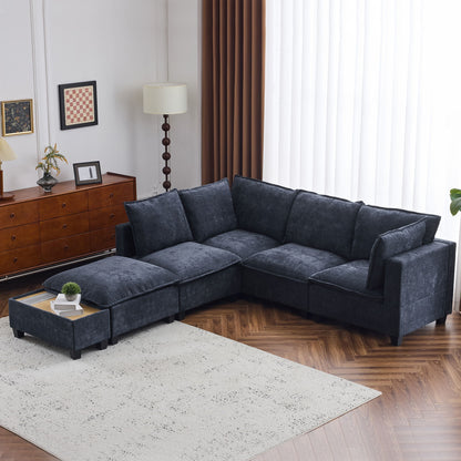 U - Shaped Sectional Sofa Modular Sofa Couch With A Movable Ottoman, A Coffee Table With Hidden Charging Devices For Living Room - Blue