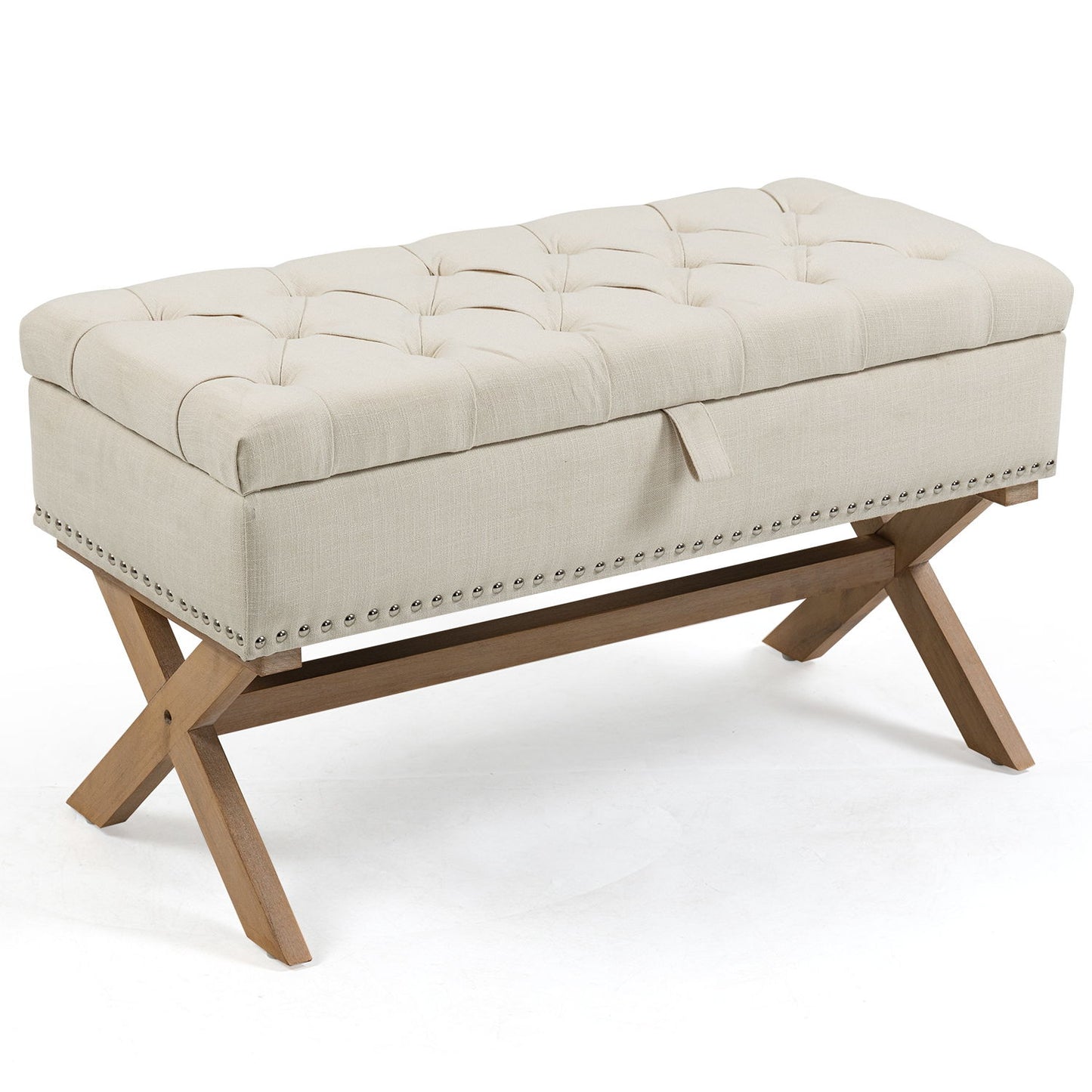 Storage Ottoman, Button-Tufted Ottoman Linen Storage Bench, Ottoman With Storage - Light Beige