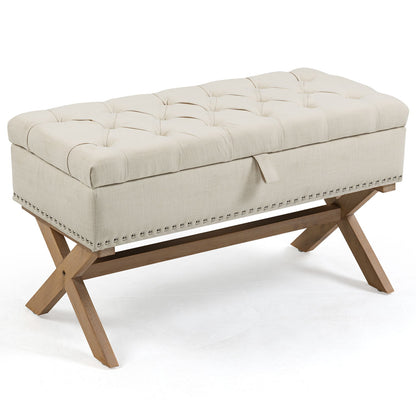 Storage Ottoman, Button-Tufted Ottoman Linen Storage Bench, Ottoman With Storage - Light Beige