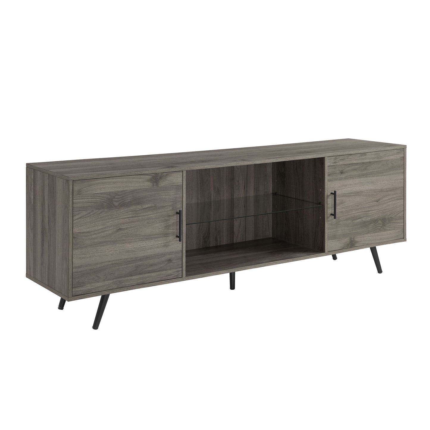 Mid-Century Modern 2 Door 70" TV Stand For 80" TVs With Glass Shelf - Slate Gray