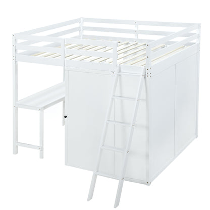 Full Size Loft Bed With Wardrobe And Desk And Shelves - White