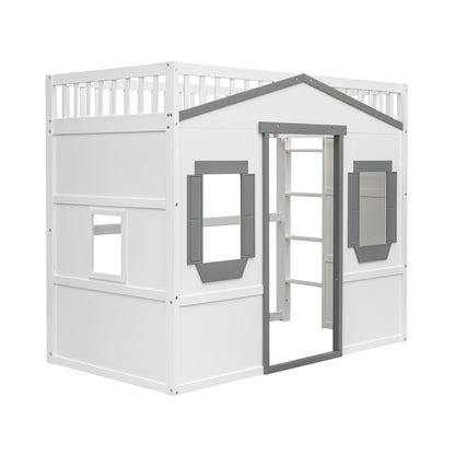 Twin Size House Loft Bed With Ladder - White / Gray