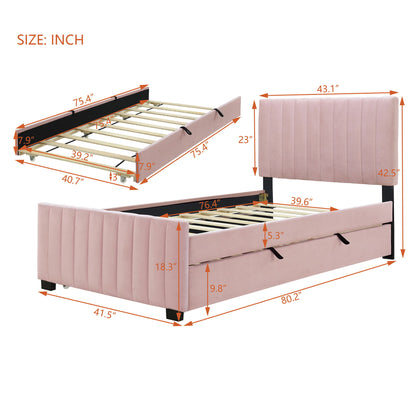 Twin Size Upholstered Platform Bed With Twin Size Trundle - Pink