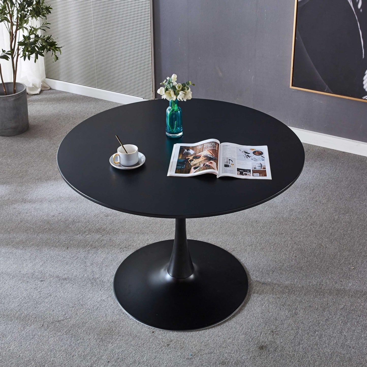 Tulip Table Mid-Century Dining Table For 4-6 People With Round MDF Table Top, Pedestal Dining Table, End Table Leisure Coffee Table - Black