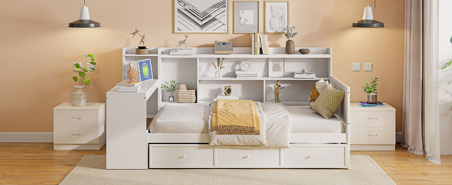 Twin Size Daybed With 3 Drawers USB Ports And Desk - White