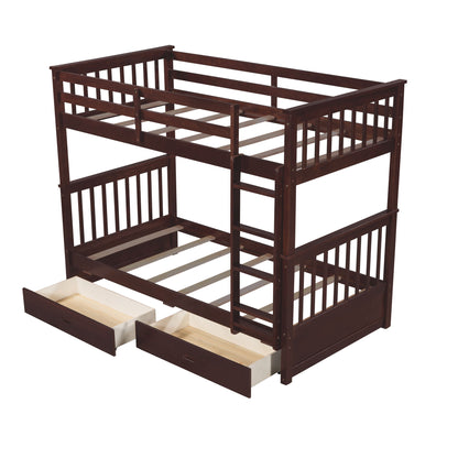 Twin Over Twin Bunk Bed With Ladders And 2 Storage Drawers - Espresso