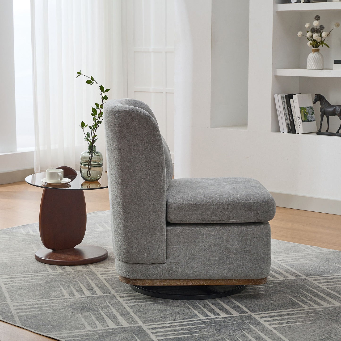 Modern Cushioned Armless Metal Base 360 Degree Swivel Chair With Pillow, Suitable For Living Room, Family Room, Bedroom, Lounge Area, Office - Gray