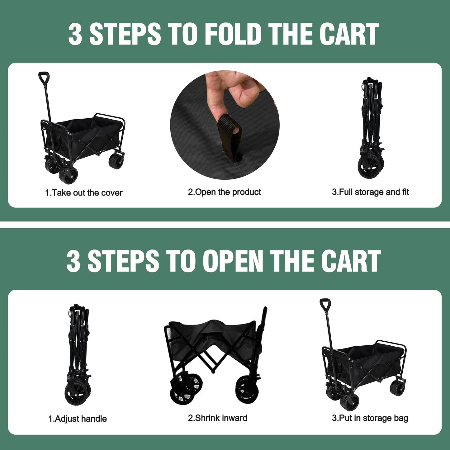 100L Collapsible Folding Beach Wagon Cart With 220Lbs Large Capacity, Wagons Carts Heavy Duty Foldable With Big Wheels For Sand, Garden, Camping - Black