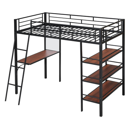 Twin Size Loft Bed With 3 Layers Of Shelves And Desk, Stylish Frame Bed - Black