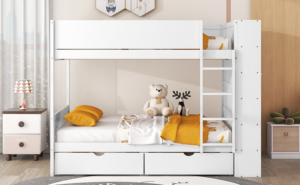 Full Over Full Bunk Bed With 2 Drawers And Multi-Layer Cabinet - White