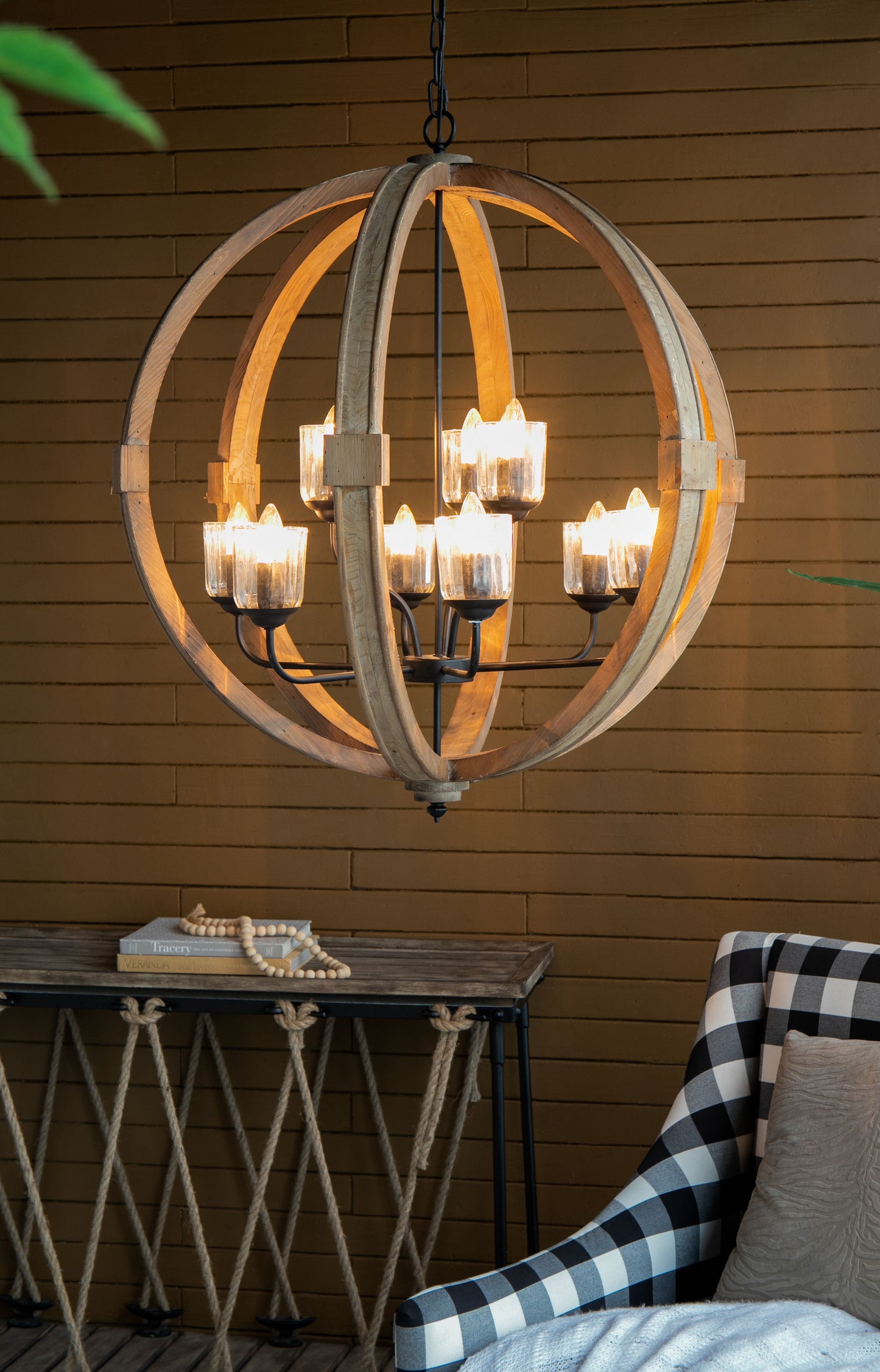 9 Light Globe Chandelier, Wood Chandelier Hanging Light Fixture With Adjustable Chain For Kitchen, Bulb Not Included - Brown