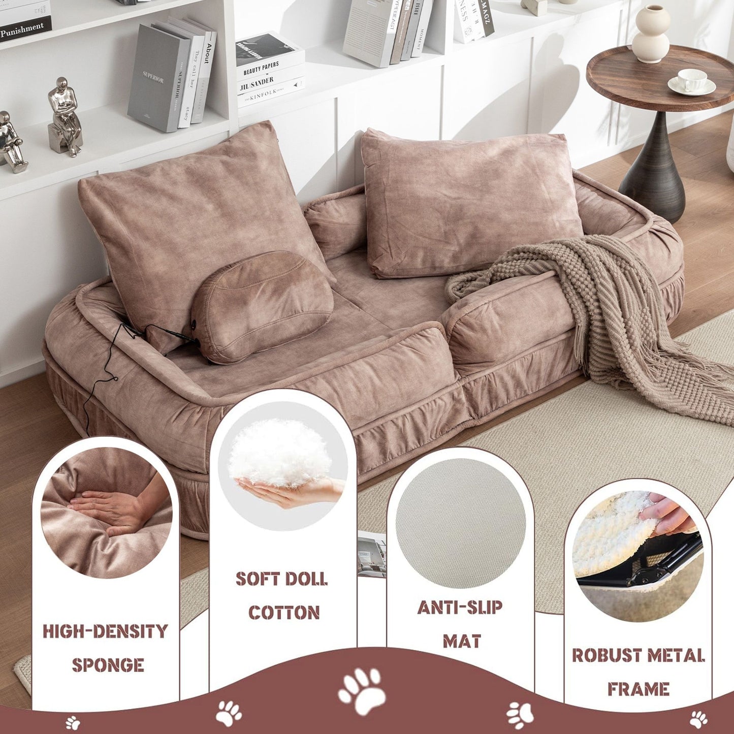 Upholstered Human Dog Bed And Pets - Bean Bag Floor Sofa With Massage Pillow, 5 Adjustable Positions & 2 Soft Pillows, Velvet With Foam And Iron Plastic Frame - Brown