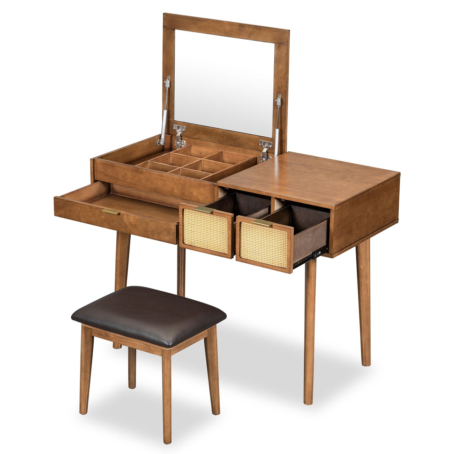 Classic Wood Makeup Vanity Set With Flip-Top Mirror And Stool, Dressing Table With Three Drawers And Storage Space - Brown