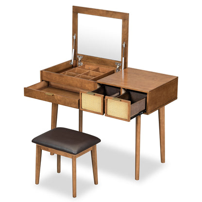 Classic Wood Makeup Vanity Set With Flip-Top Mirror And Stool, Dressing Table With Three Drawers And Storage Space - Brown
