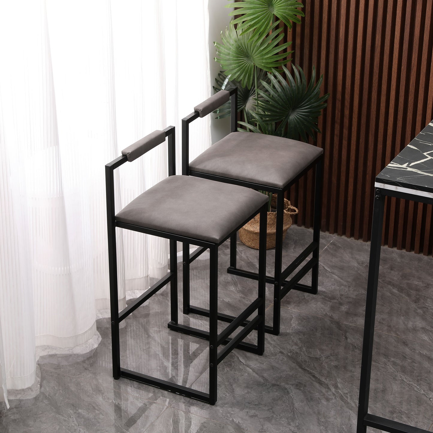 Modern Armless Metal Legs Kitchen Island Stools With Back Upholstered Chairs 2 Piece Set - Gray