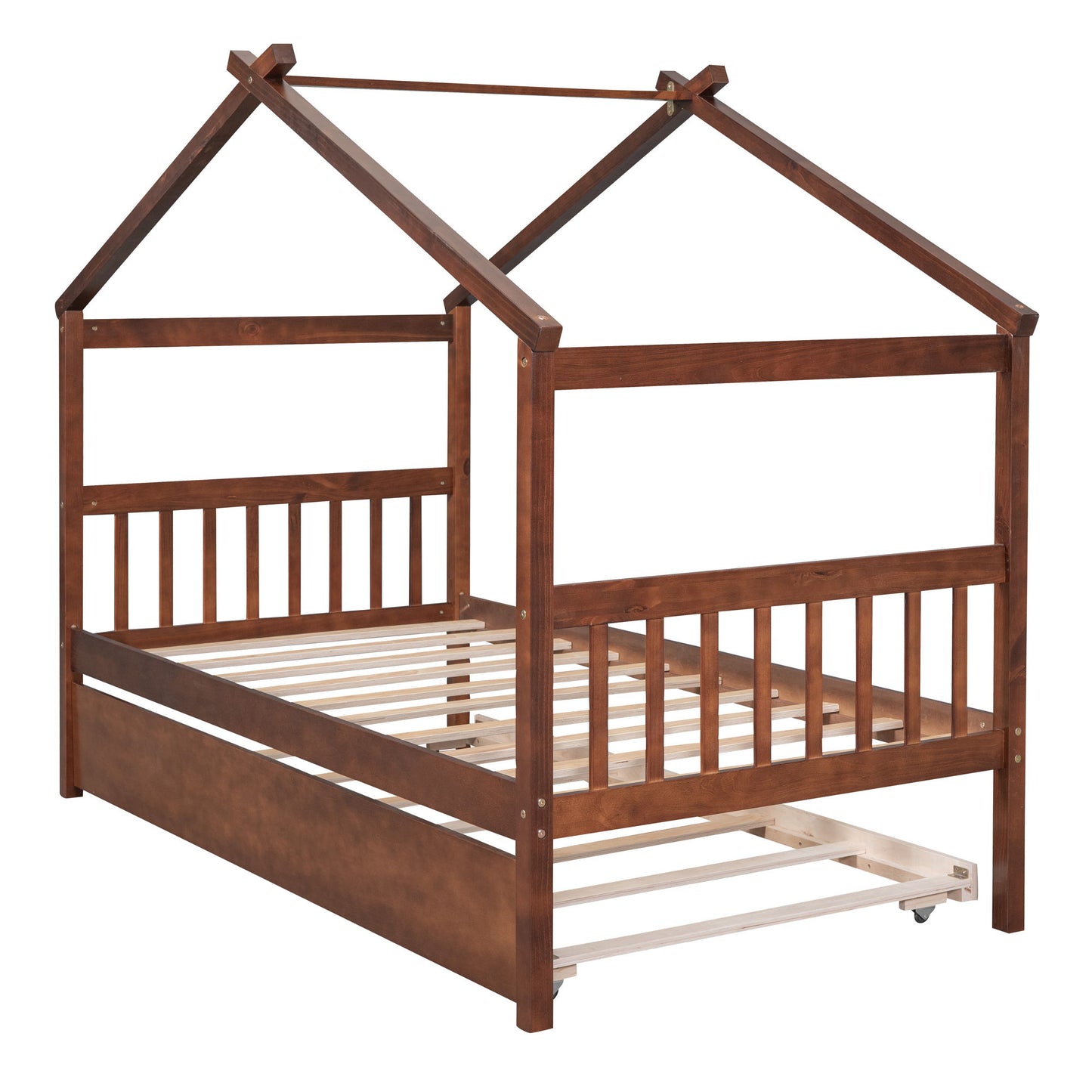 Twin Size House Bed With Twin Size Trundle - Walnut