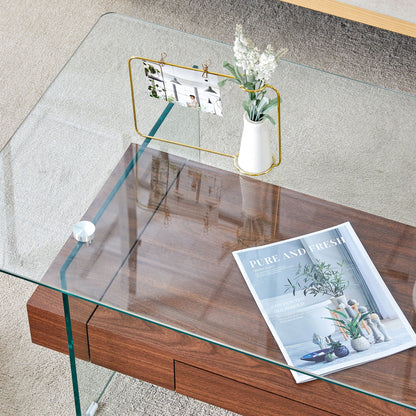Modern 2 Tier Coffee Table With Drawer Clear Tempered Glass, Multifunctional Storage - Transparent / Wood