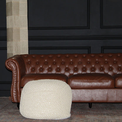 Semi Rounded Pouf Cable Knitted Handmade Seating And Footrest - Beige