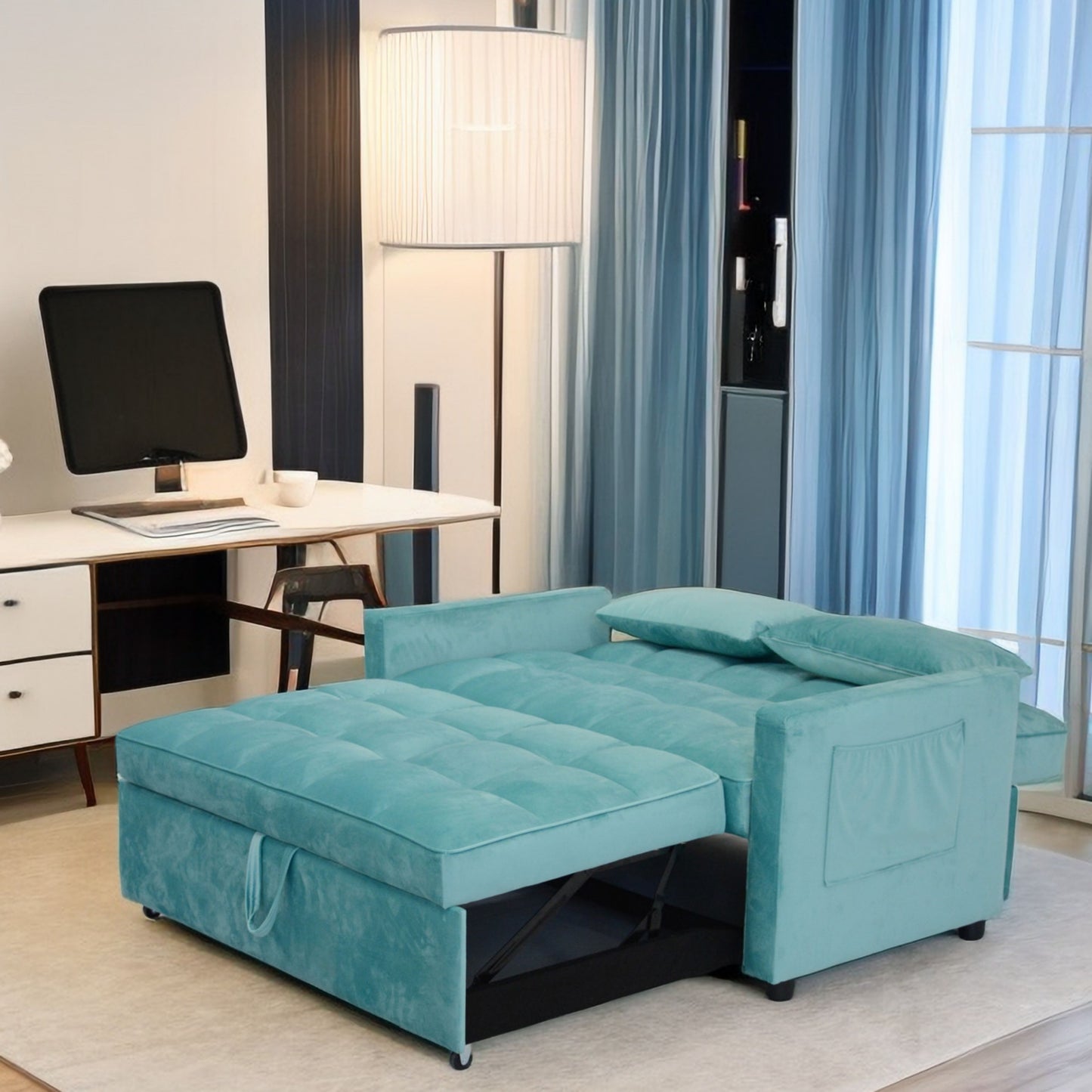Velvet Two Seater Pull Out Sofa Bed, Adjustable Backrest With Three USB Ports, Two Side Pockets, 3 In 1 Convertible Sleeper Sofa Bed, Modern Love Seat Lounge Sofa For Living Room - Light Blue