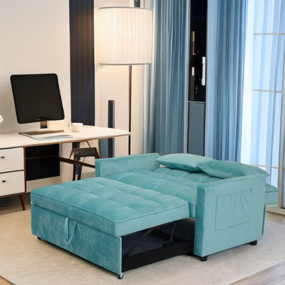 Velvet Two Seater Pull Out Sofa Bed, Adjustable Backrest With Three USB Ports, Two Side Pockets, 3 In 1 Convertible Sleeper Sofa Bed, Modern Love Seat Lounge Sofa For Living Room - Light Blue