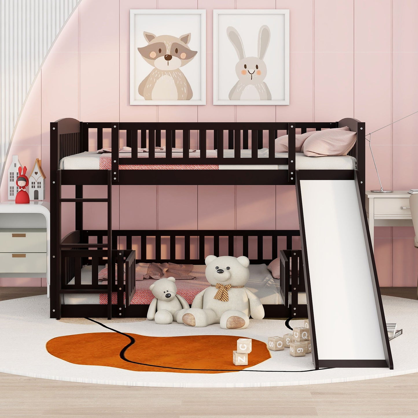 Full Over Full Low Bunk Bed With Slide, Fence And Ladder For Toddler - Espresso