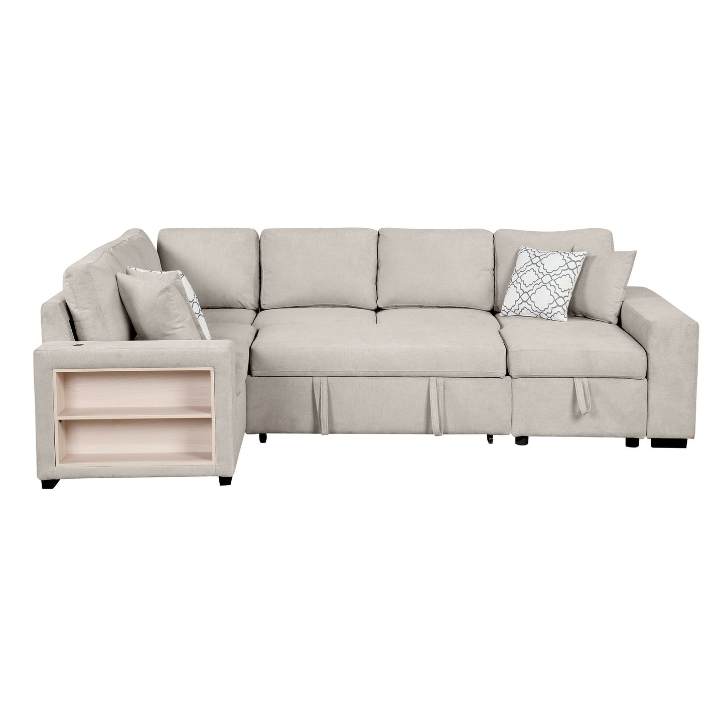 U-Shaped Sectional Sofa Pull-Out Sofa Bed With Two USB Ports, A Storage Chaise Lounge And Four Back Pillows For Living Room - Beige
