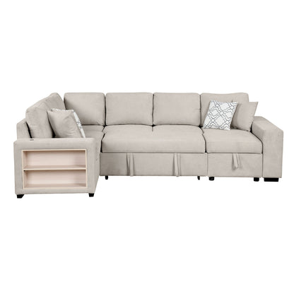 U-Shaped Sectional Sofa Pull-Out Sofa Bed With Two USB Ports, A Storage Chaise Lounge And Four Back Pillows For Living Room - Beige