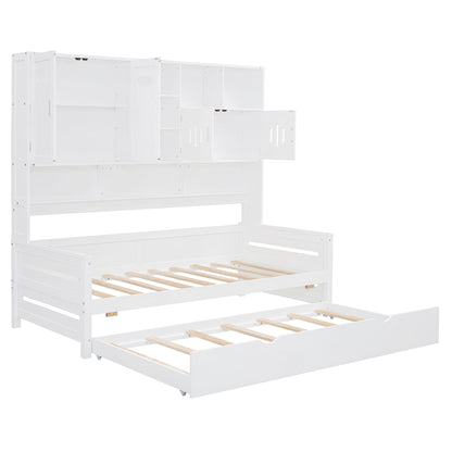 Twin Size Wooden Daybed With Twin Size Trundle, And All In One Cabinet And Shelf - White