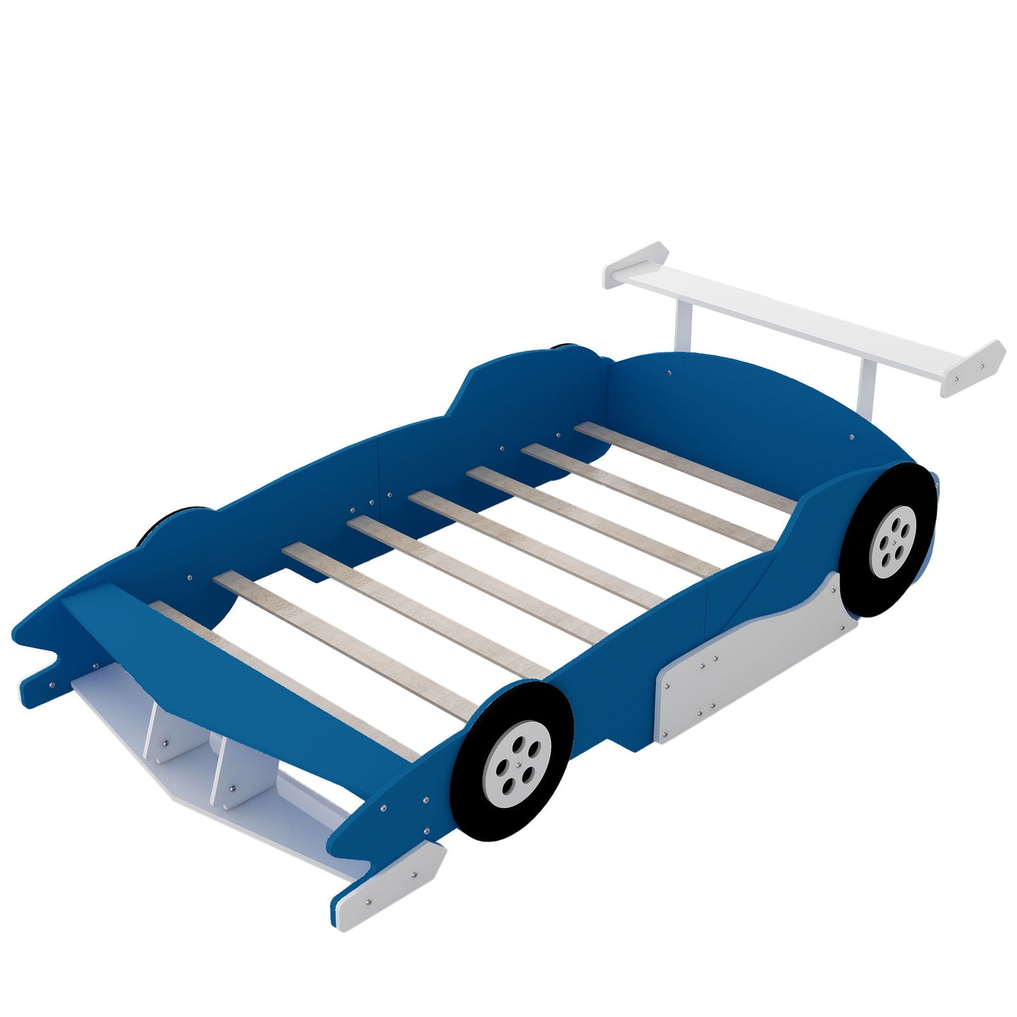 Full Size Race Car Shaped Platform Bed With Wheels - Blue