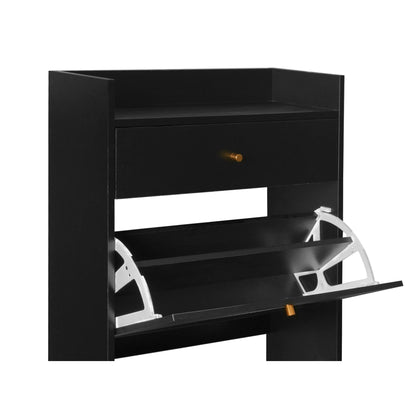 Allen - Rattan 2 Door 1 Drawer Cabinet Shoe Rack For Entrance, Double Layer - Black