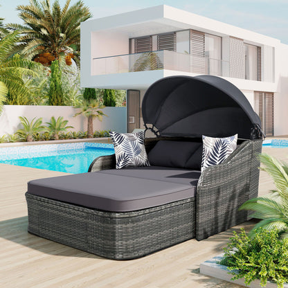 Outdoor Sunbed With Adjustable Canopy, Double Lounge, PE Rattan Daybed Wicker And Cushion - Gray
