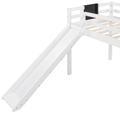 Twin Size Loft Bed With Slide, Stair And Chalkboard - White