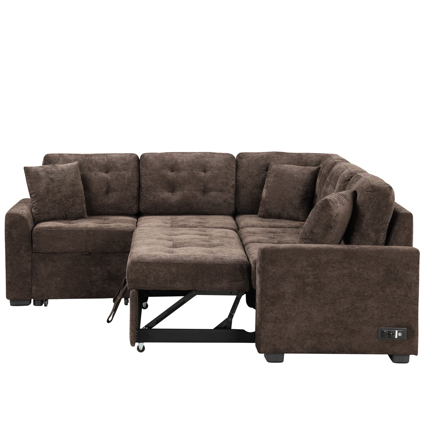 L-Shape Sofa Bed Pull-Out Sleeper Sofa With Wheels, USB Ports, Power Sockets For Living Room - Brown