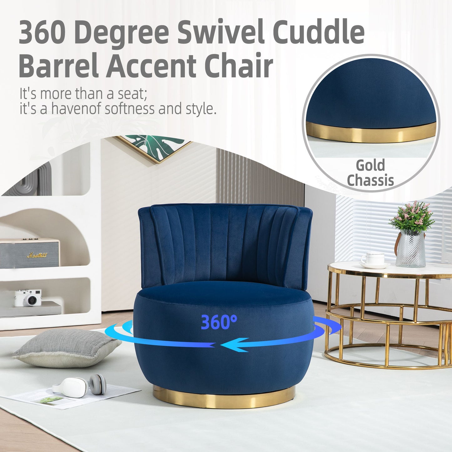 Coolmore - Swivel Barrel Chair, 360 Degree Swivel Accent Sofa Chair With Soft Velvet - Navy