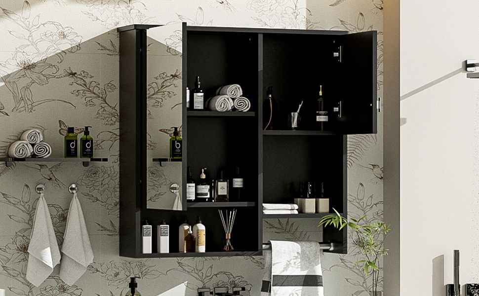 Modern Wall Mounted Bathroom Medicine Cabinet, Bathroom Wall Storage Cabinet With Mirror, Over The Toilet Space Saver Cabinet With Towels Bar - Black
