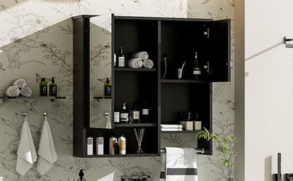 Modern Wall Mounted Bathroom Medicine Cabinet, Bathroom Wall Storage Cabinet With Mirror, Over The Toilet Space Saver Cabinet With Towels Bar - Black