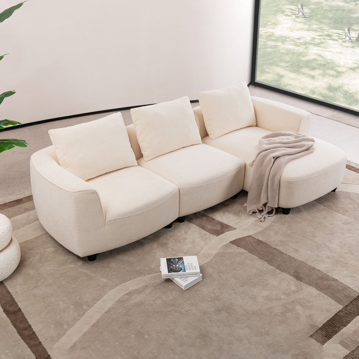Mid - Century Modern Three Seater Sofa With Upholstered Footstool Fabric For Living Room Or Bedroom - Beige