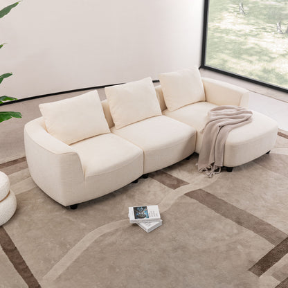 Mid - Century Modern Three Seater Sofa With Upholstered Footstool Fabric For Living Room Or Bedroom - Beige