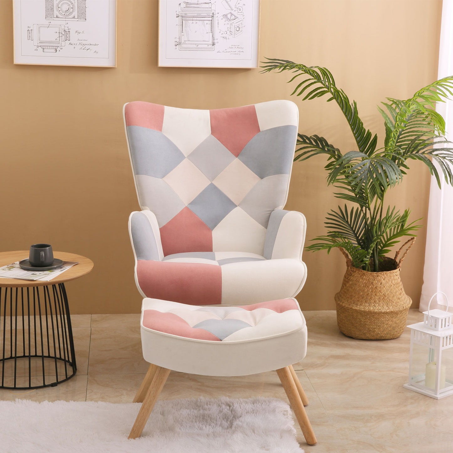 Accent Chair With Ottoman, Living Room Chair And Ottoman Set, Comfy Side Armchair For Bedroom, Creative Splicing Cloth Surface - Pink