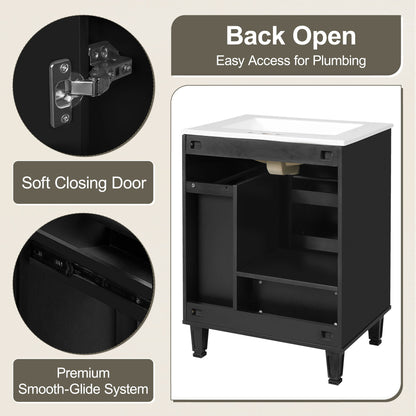 Modern Solid Wood And 24" Bathroom Vanity With Sink, Deep Drawer, Door Shelf, 2 Tier Basket - Black