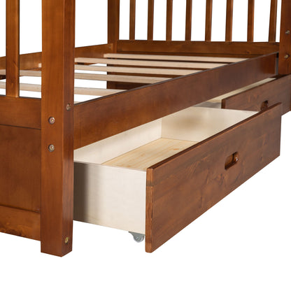 Twin Over Twin Bunk Bed With Ladders And 2 Storage Drawers - Walnut