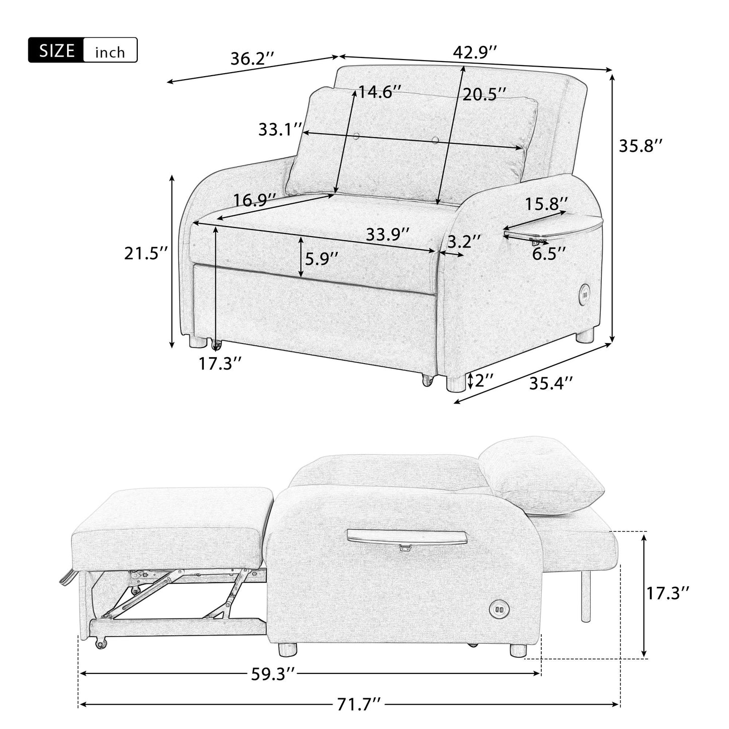 3 In 1 Pull Out Sofa Sleeper With Wing Table And USB Charge - Black