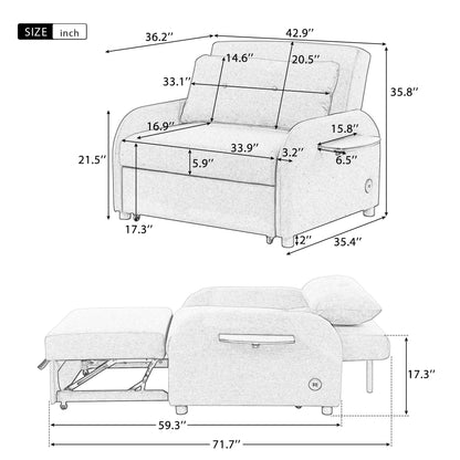 3 In 1 Pull Out Sofa Sleeper With Wing Table And USB Charge - Black