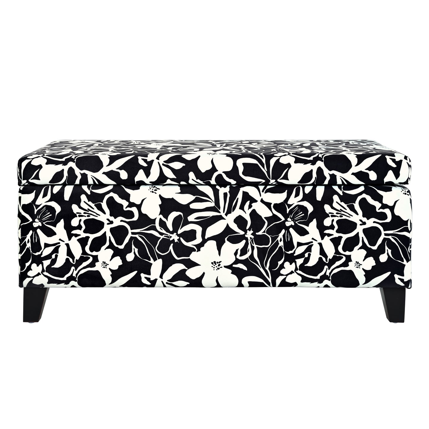 Luxury Storage Ottoman With Floral Patterned Fabric, Soft Close Hinges, Multi Functional Footrest & Seat - Black Floral / White