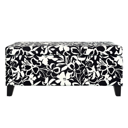 Luxury Storage Ottoman With Floral Patterned Fabric, Soft Close Hinges, Multi Functional Footrest & Seat - Black Floral / White