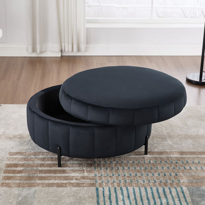 Upholstered Round Ottoman With Reversible Lid, Velvet Storage Stool, Channel Tufted Pumpkin Shape Footstool For Living Room, Bedroom And Office - Black
