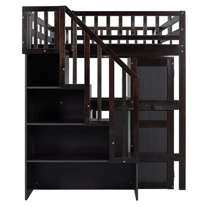 Full Size Loft Bed With Stairs, Bookshelf, Drawers, Desk & Wardrobe, Space Saving Multifunctional Furniture - Espresso