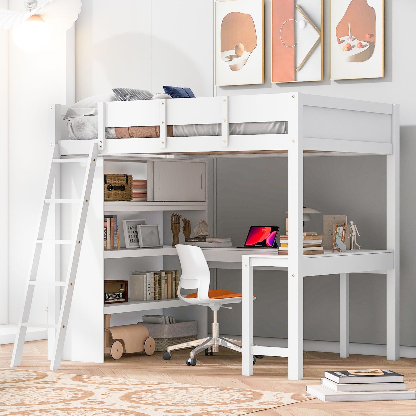Full Size Loft Bed With Desk And Storage Shelves - White