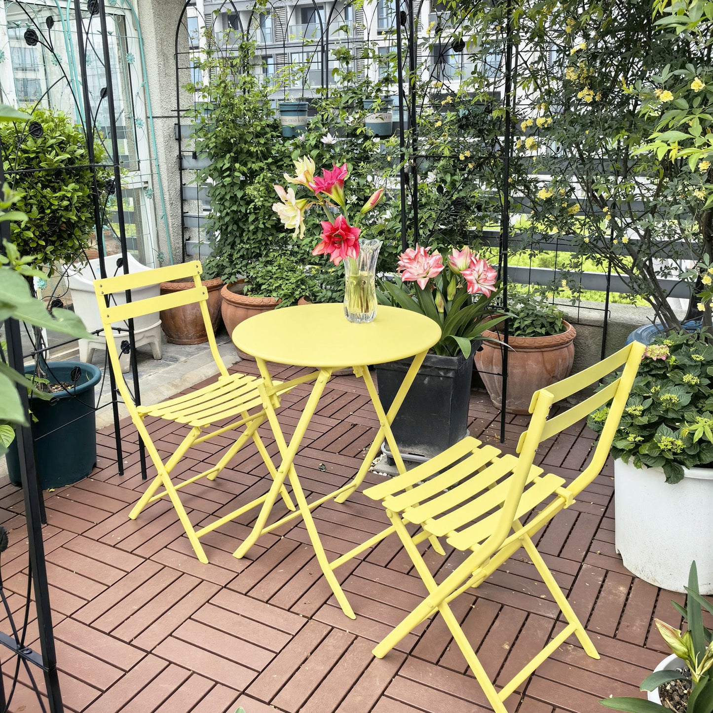 3 Piece Patio Bistro Set Of Foldable Round Table And Chairs - Yellow